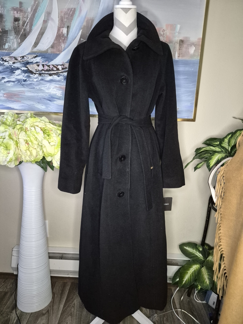 Ellen Tracy Black Long Belted Maxi Dress Coat